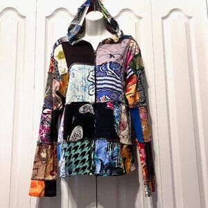 Jackpot Women's Multicolor Patchwork Hooded Zip UP Jacket-XL-Hand Slip Pockets